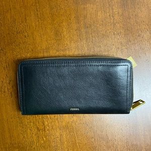 Fossil Logan RFID Zip-Around Clutch Black Leather